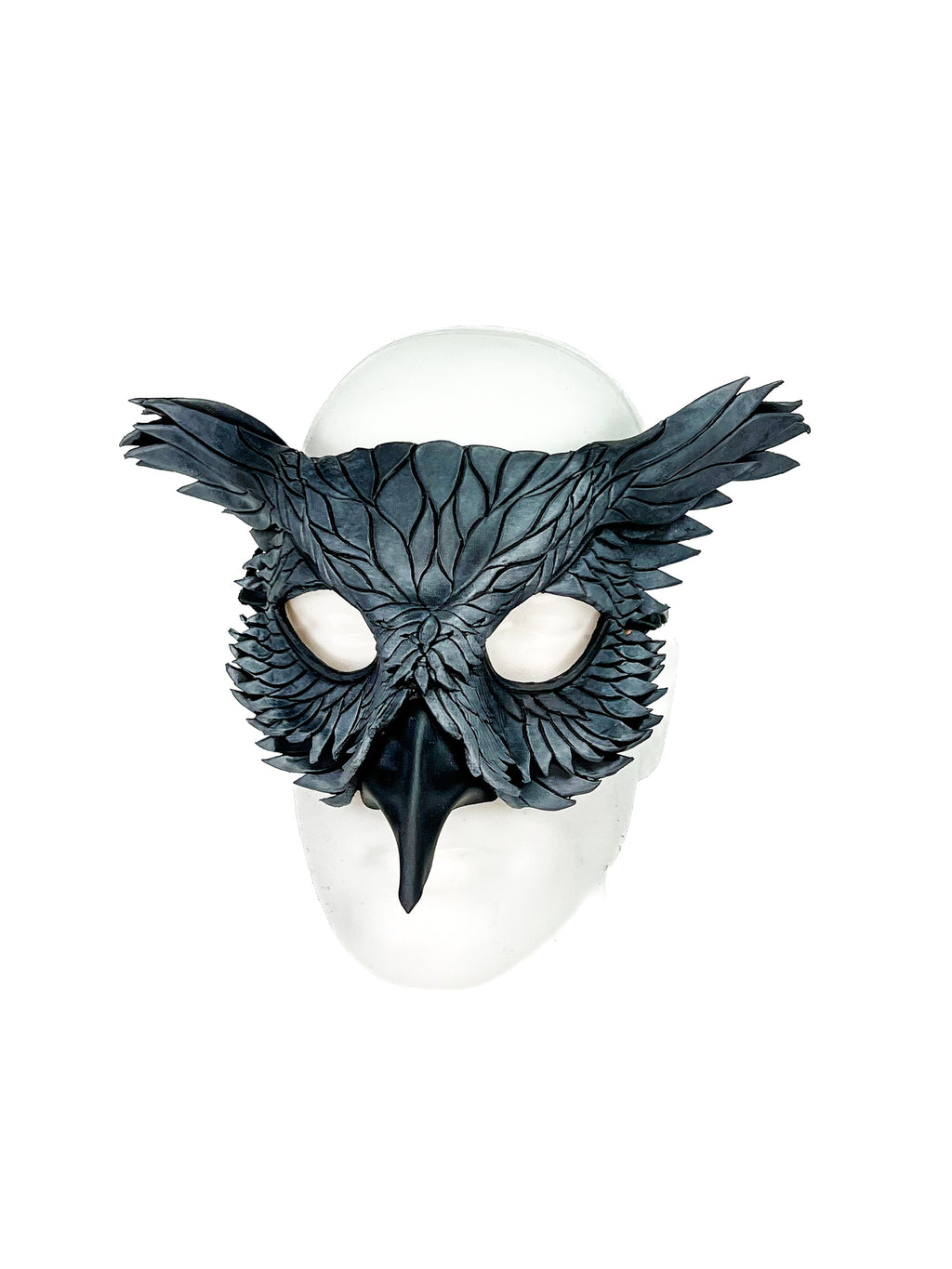 Layered Horned Owl Handmade Genuine Leather Mask in Grey by Rockwell Masks