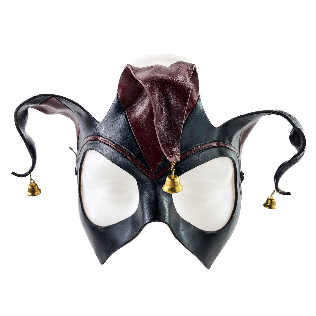 Handmade Genuine Leather Jester Mask in Red and Black with Brass Bells by Rockwell Masks