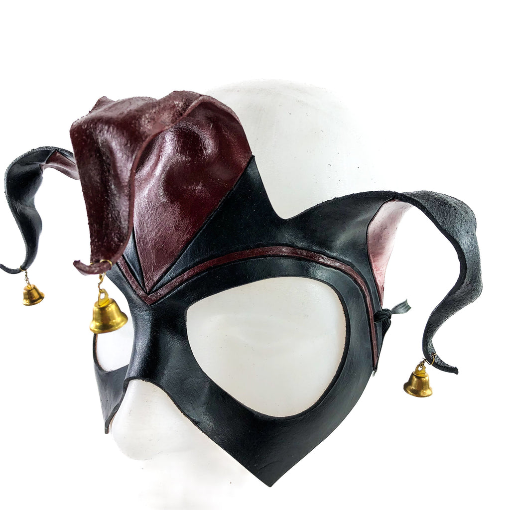 Handmade Genuine Leather Jester Mask in Red and Black with Brass Bells by Rockwell Masks