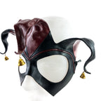 Handmade Genuine Leather Jester Mask in Red and Black with Brass Bells by Rockwell Masks
