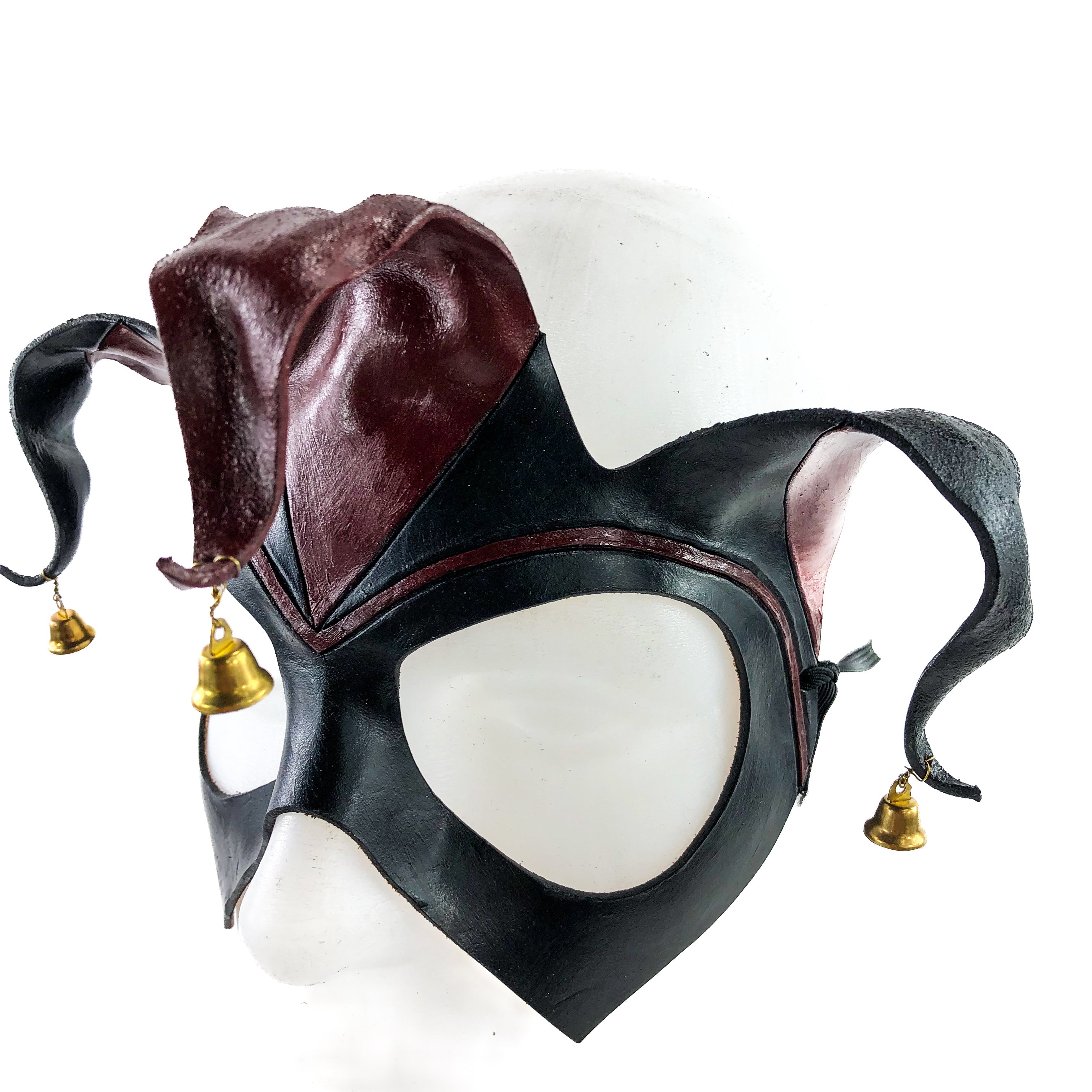 Handmade Genuine Leather Jester Mask in Red and Black with Brass Bells by Rockwell Masks