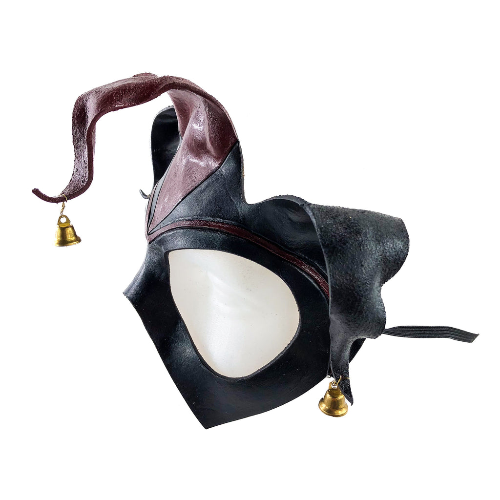 Handmade Genuine Leather Jester Mask in Red and Black with Brass Bells by Rockwell Masks