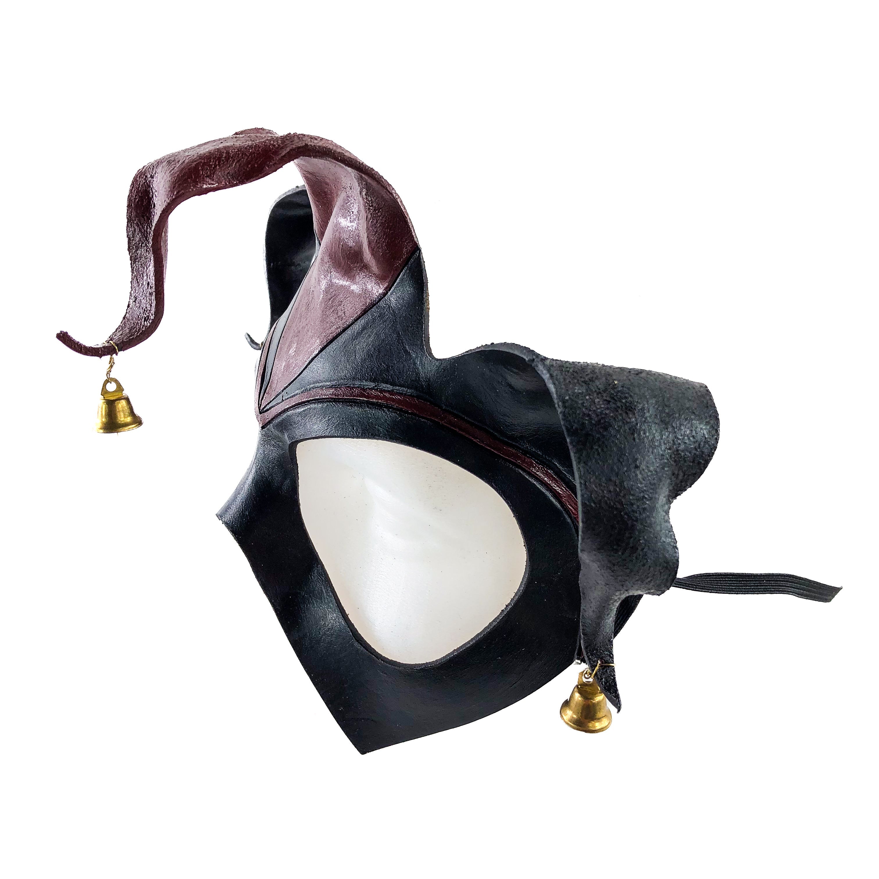 Handmade Genuine Leather Jester Mask in Red and Black with Brass Bells by Rockwell Masks