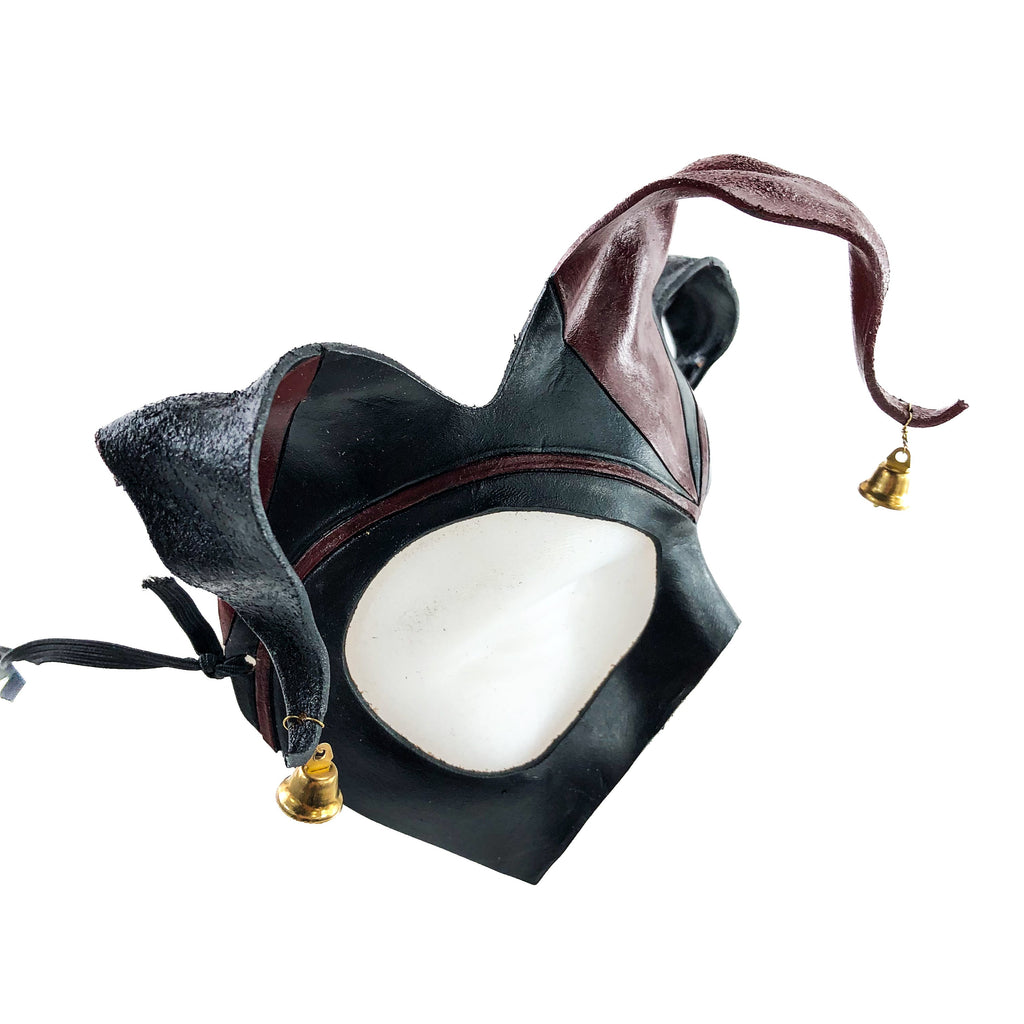 Handmade Genuine Leather Jester Mask in Red and Black with Brass Bells by Rockwell Masks