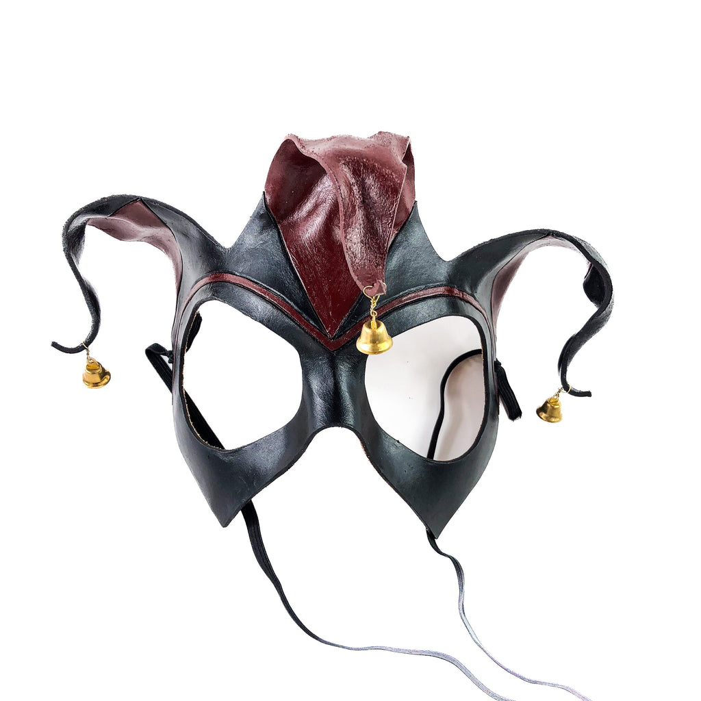 Handmade Genuine Leather Jester Mask in Red and Black with Brass Bells by Rockwell Masks