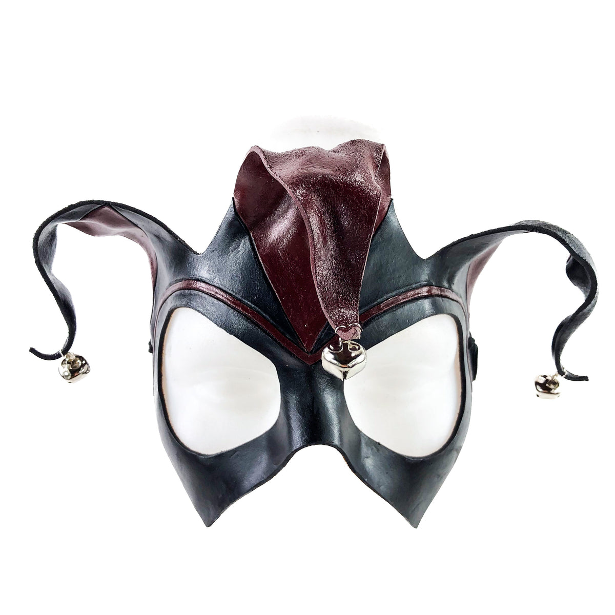 Handmade Genuine Leather Jester Mask in Red and Black with Silver Bells by Rockwell Masks