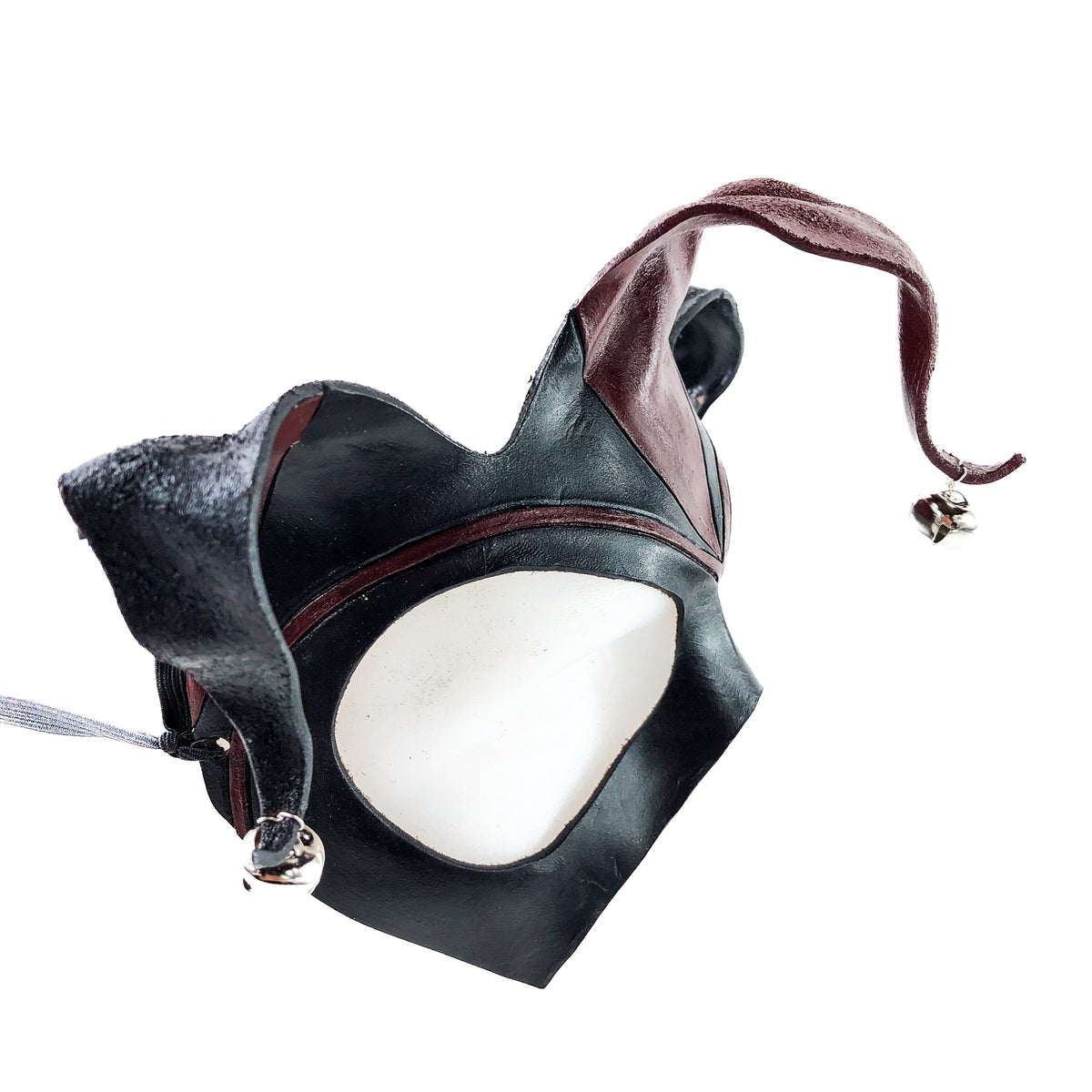 Handmade Genuine Leather Jester Mask in Red and Black with Silver Bells by Rockwell Masks