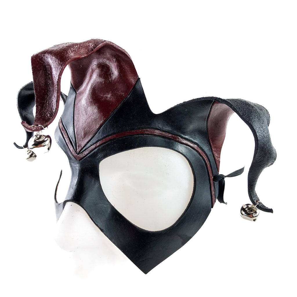 Handmade Genuine Leather Jester Mask in Red and Black with Silver Bells by Rockwell Masks