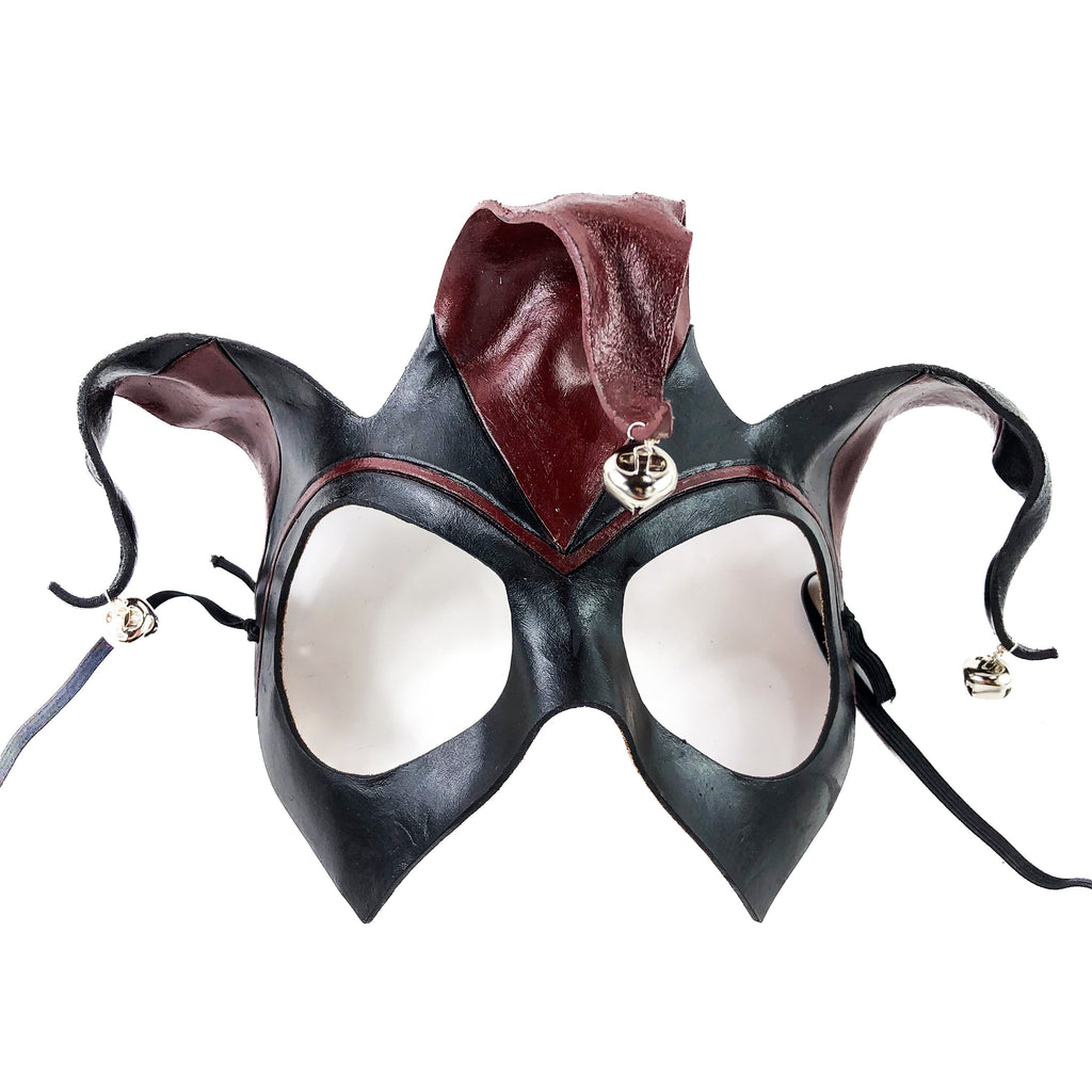 Handmade Genuine Leather Jester Mask in Red and Black with Silver Bells by Rockwell Masks
