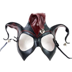 Handmade Genuine Leather Jester Mask in Red and Black with Silver Bells by Rockwell Masks