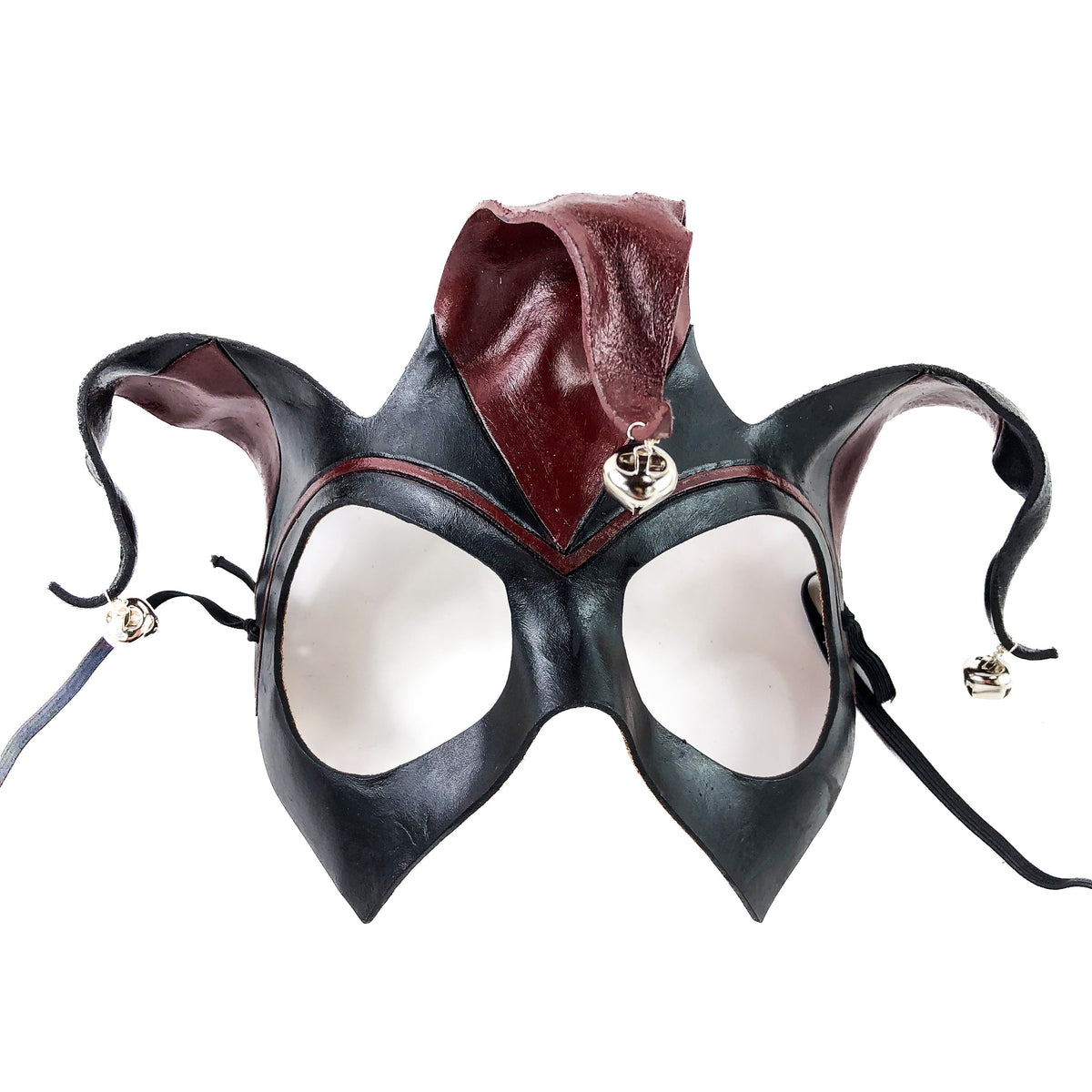 Handmade Genuine Leather Jester Mask in Red and Black with Silver Bells by Rockwell Masks