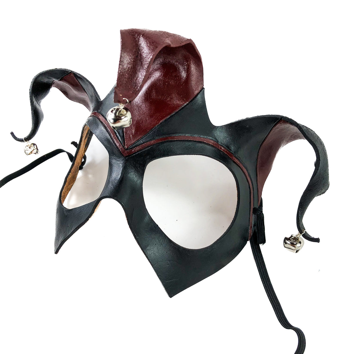 Handmade Genuine Leather Jester Mask in Red and Black with Silver Bells by Rockwell Masks