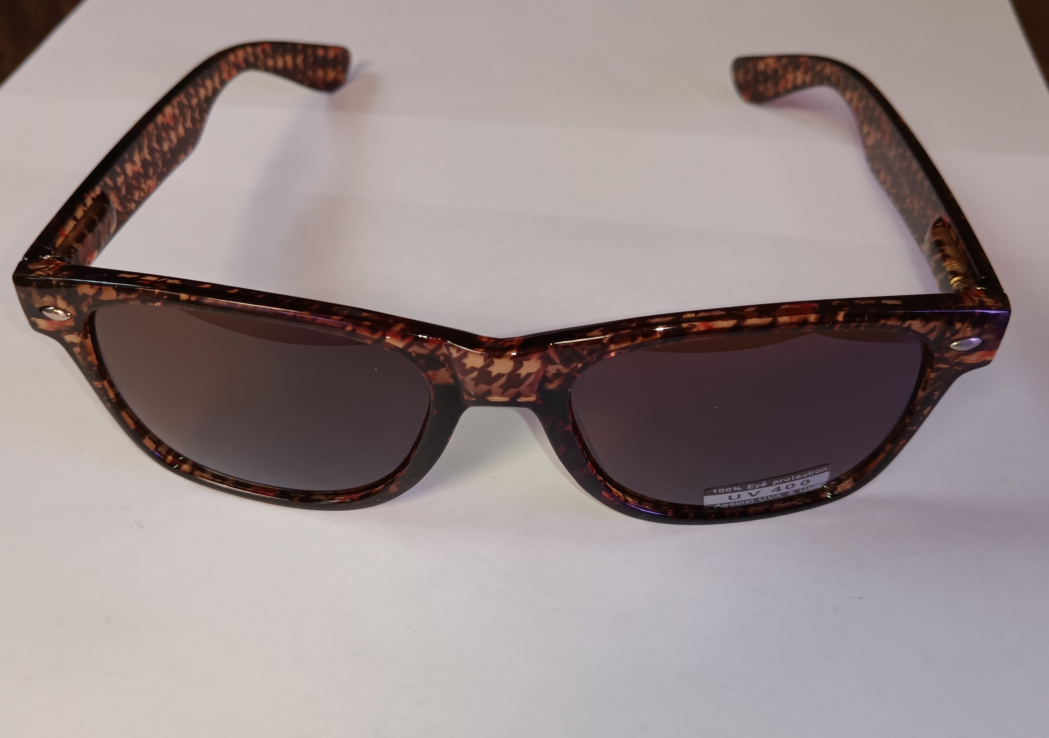 Brown Blues Brother Style Sunglasses with Houndstooth Design and Dark Lenses by HalloweenStore.com