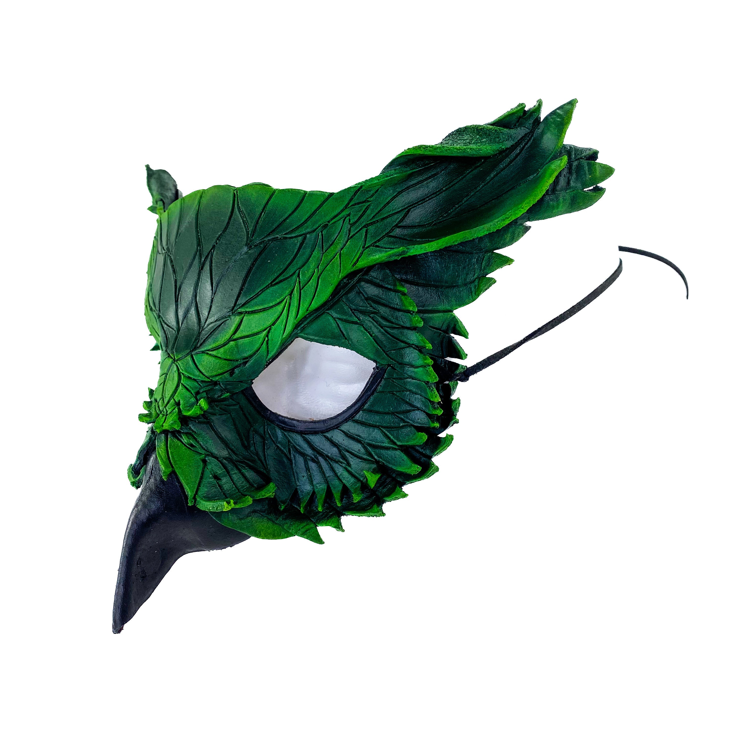 Layered Horned Owl Handmade Genuine Leather Mask in Green by Rockwell Masks