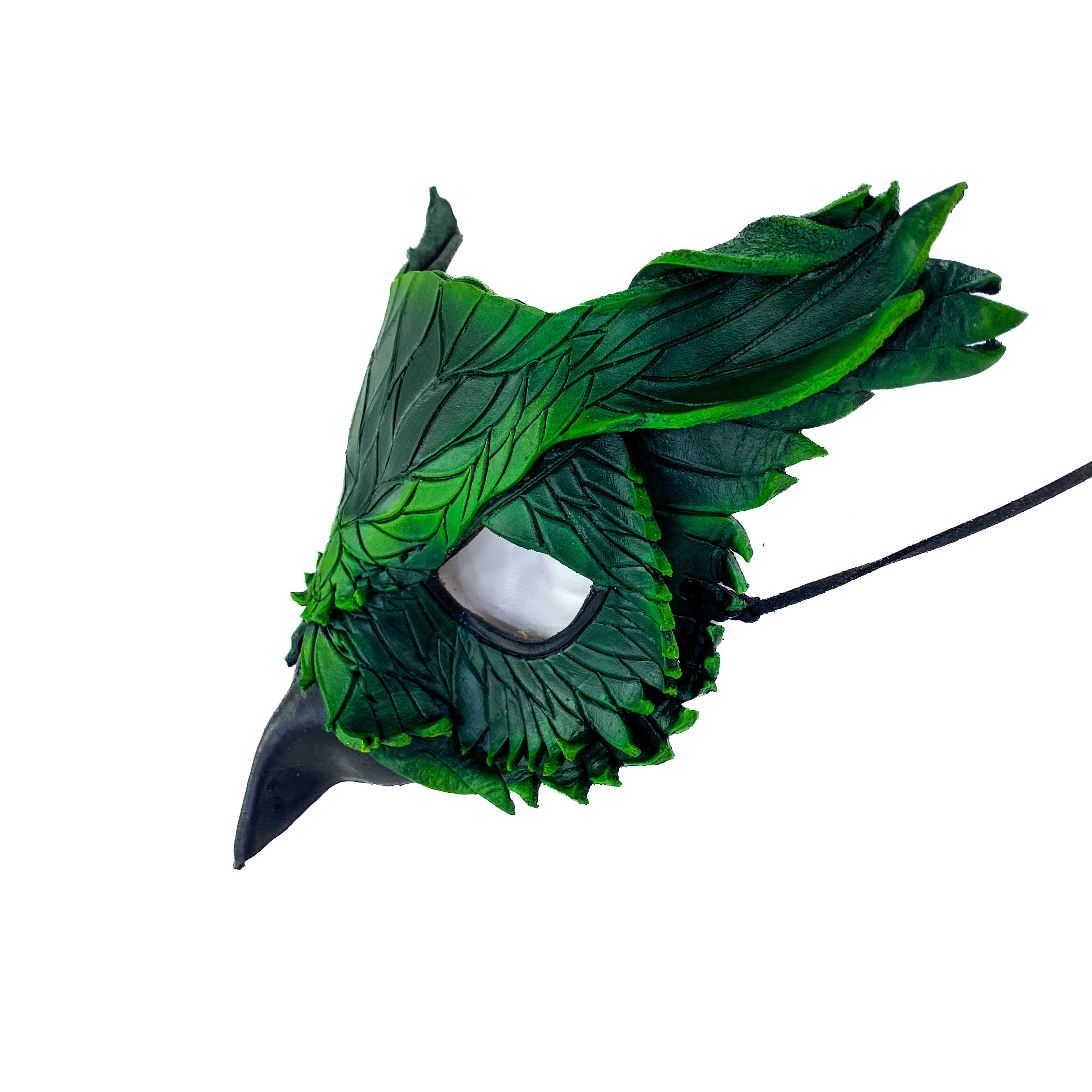 Layered Horned Owl Handmade Genuine Leather Mask in Green by Rockwell Masks