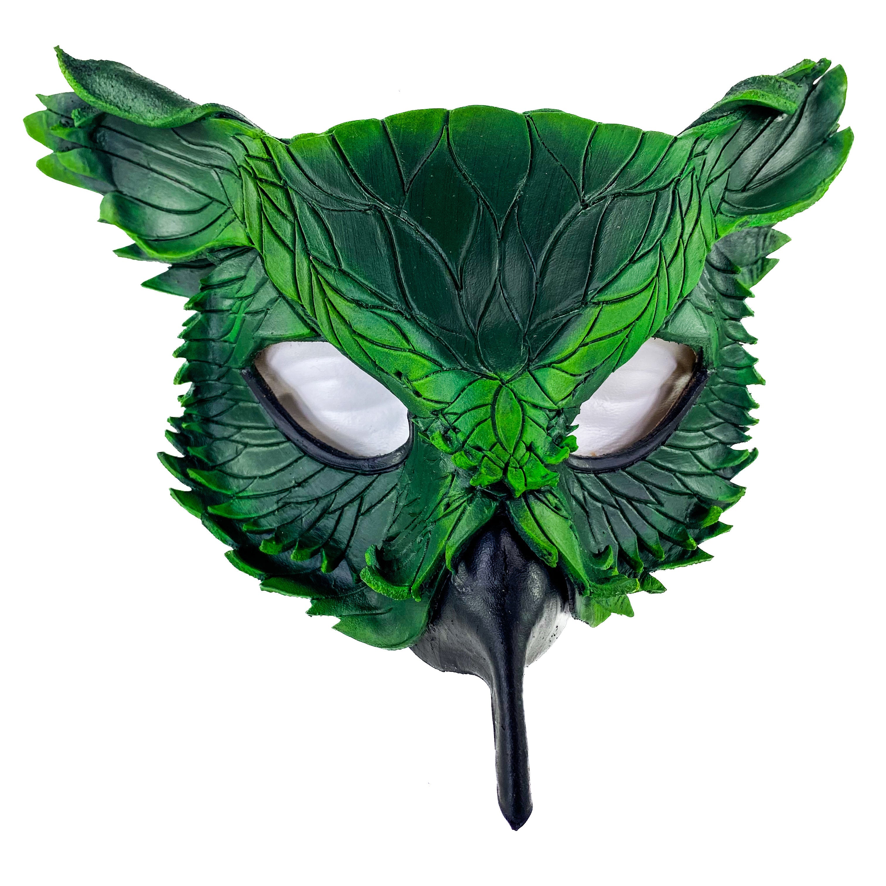 Layered Horned Owl Handmade Genuine Leather Mask in Green by Rockwell Masks