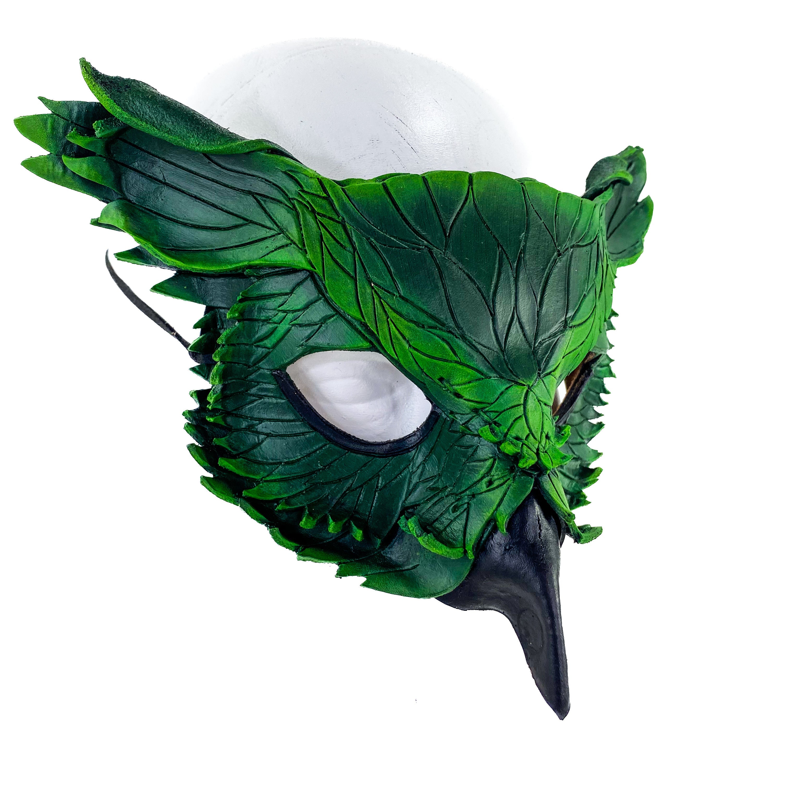 Layered Horned Owl Handmade Genuine Leather Mask in Green by Rockwell Masks