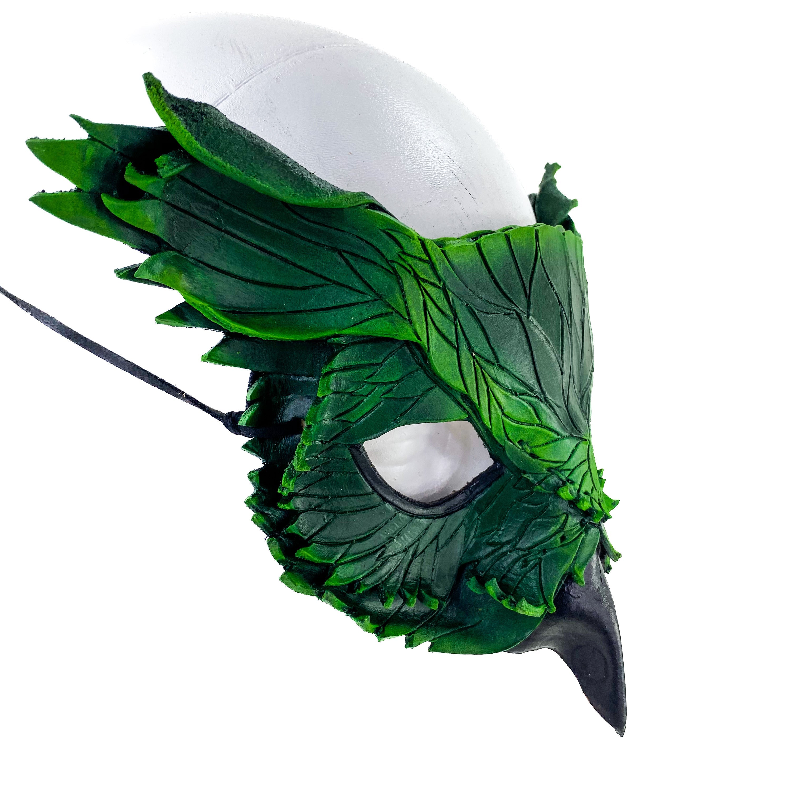 Layered Horned Owl Handmade Genuine Leather Mask in Green by Rockwell Masks