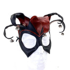 Ready to Ship - Handmade Genuine Leather Five Point Jester Mask in Red and Black with Silver Bells by Rockwell Masks