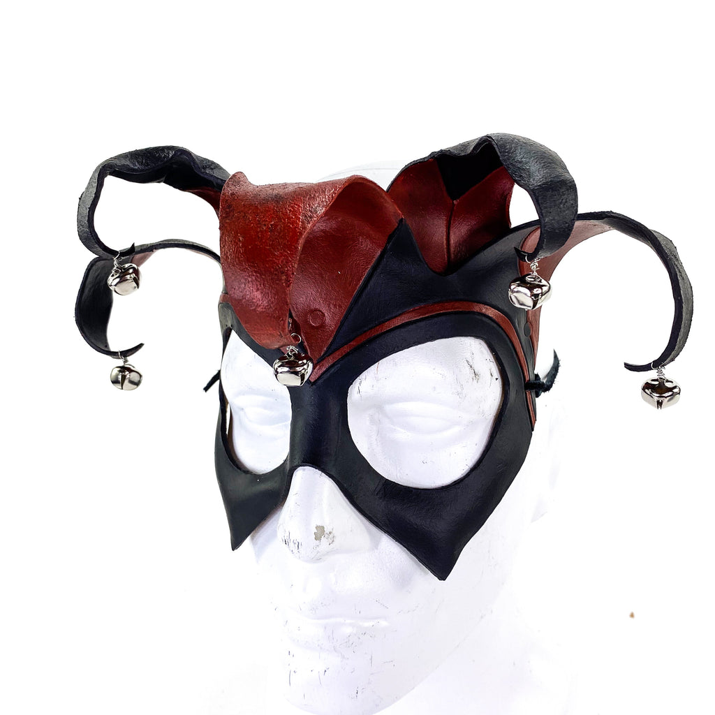 Ready to Ship - Handmade Genuine Leather Five Point Jester Mask in Red and Black with Silver Bells by Rockwell Masks