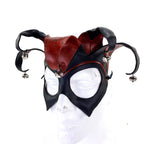 Ready to Ship - Handmade Genuine Leather Five Point Jester Mask in Red and Black with Silver Bells by Rockwell Masks
