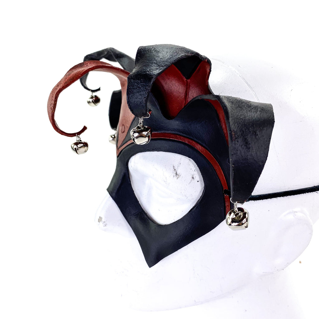 Ready to Ship - Handmade Genuine Leather Five Point Jester Mask in Red and Black with Silver Bells by Rockwell Masks