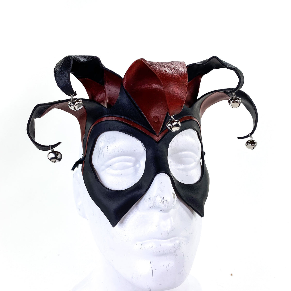 Ready to Ship - Handmade Genuine Leather Five Point Jester Mask in Red and Black with Silver Bells by Rockwell Masks
