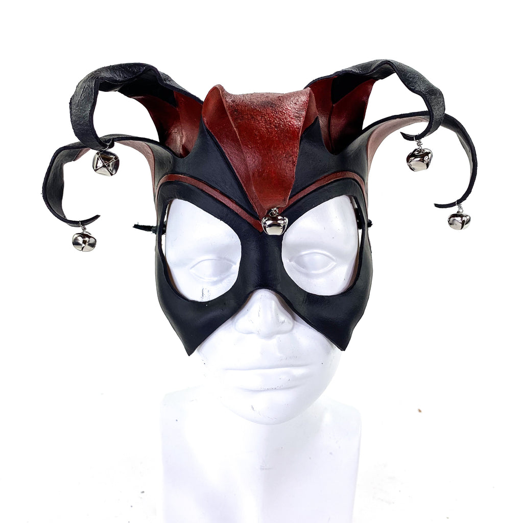 Ready to Ship - Handmade Genuine Leather Five Point Jester Mask in Red and Black with Silver Bells by Rockwell Masks