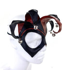 Ready to Ship - Handmade Genuine Leather Five Point Jester Mask in Red and Black with Silver Bells by Rockwell Masks