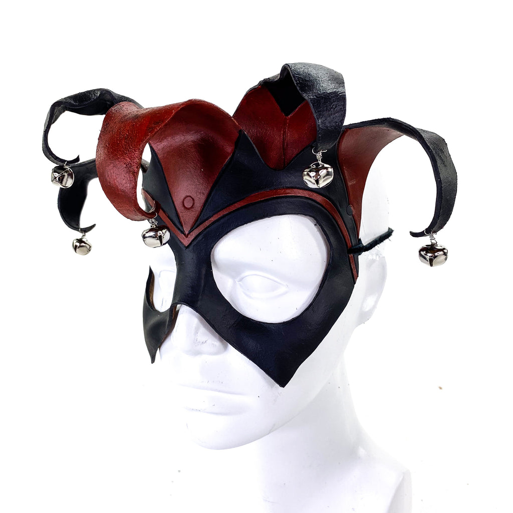 Ready to Ship - Handmade Genuine Leather Five Point Jester Mask in Red and Black with Silver Bells by Rockwell Masks