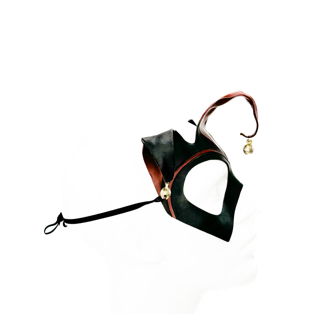 Handmade Genuine Leather Jester Mask in Red and Black With Tibetan Style Bronze Bells by Rockwell Masks