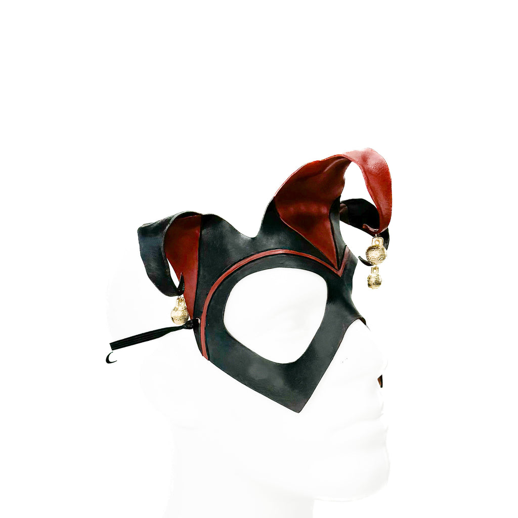 Handmade Genuine Leather Jester Mask in Red and Black With Tibetan Style Bronze Bells by Rockwell Masks
