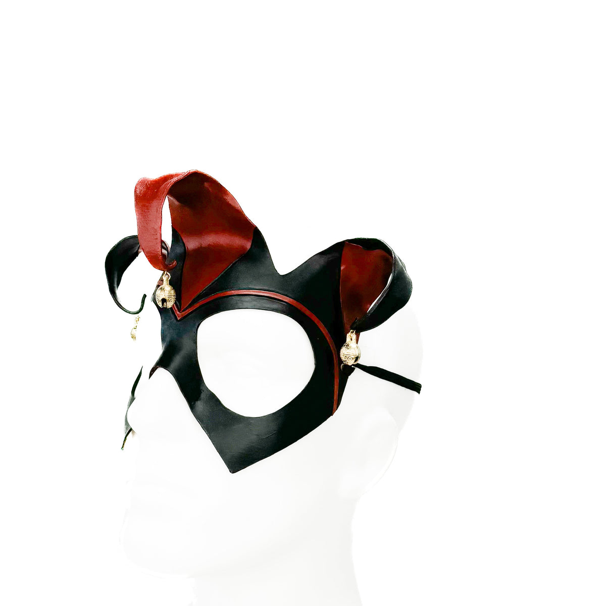 Handmade Genuine Leather Jester Mask in Red and Black With Tibetan Style Bronze Bells by Rockwell Masks