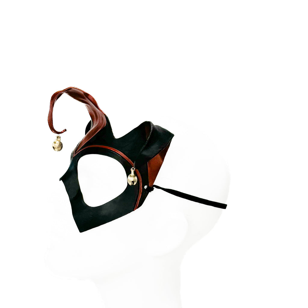 Handmade Genuine Leather Jester Mask in Red and Black With Tibetan Style Bronze Bells by Rockwell Masks