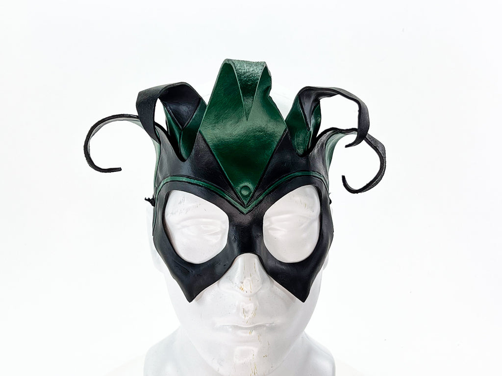Handmade Genuine Leather Five Point Jester Mask in Green and Black No Bells by Rockwell Masks