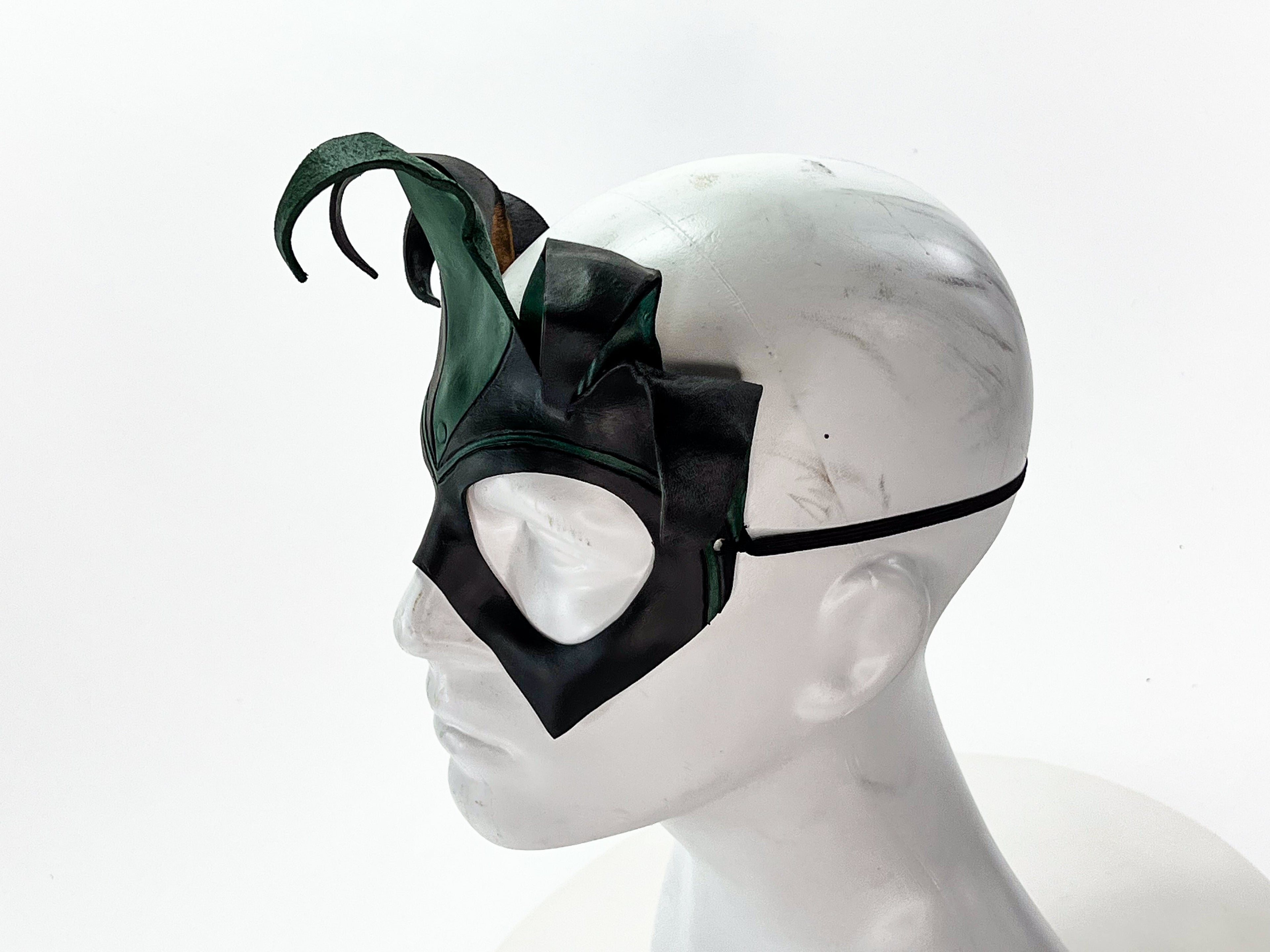 Handmade Genuine Leather Five Point Jester Mask in Green and Black No Bells by Rockwell Masks