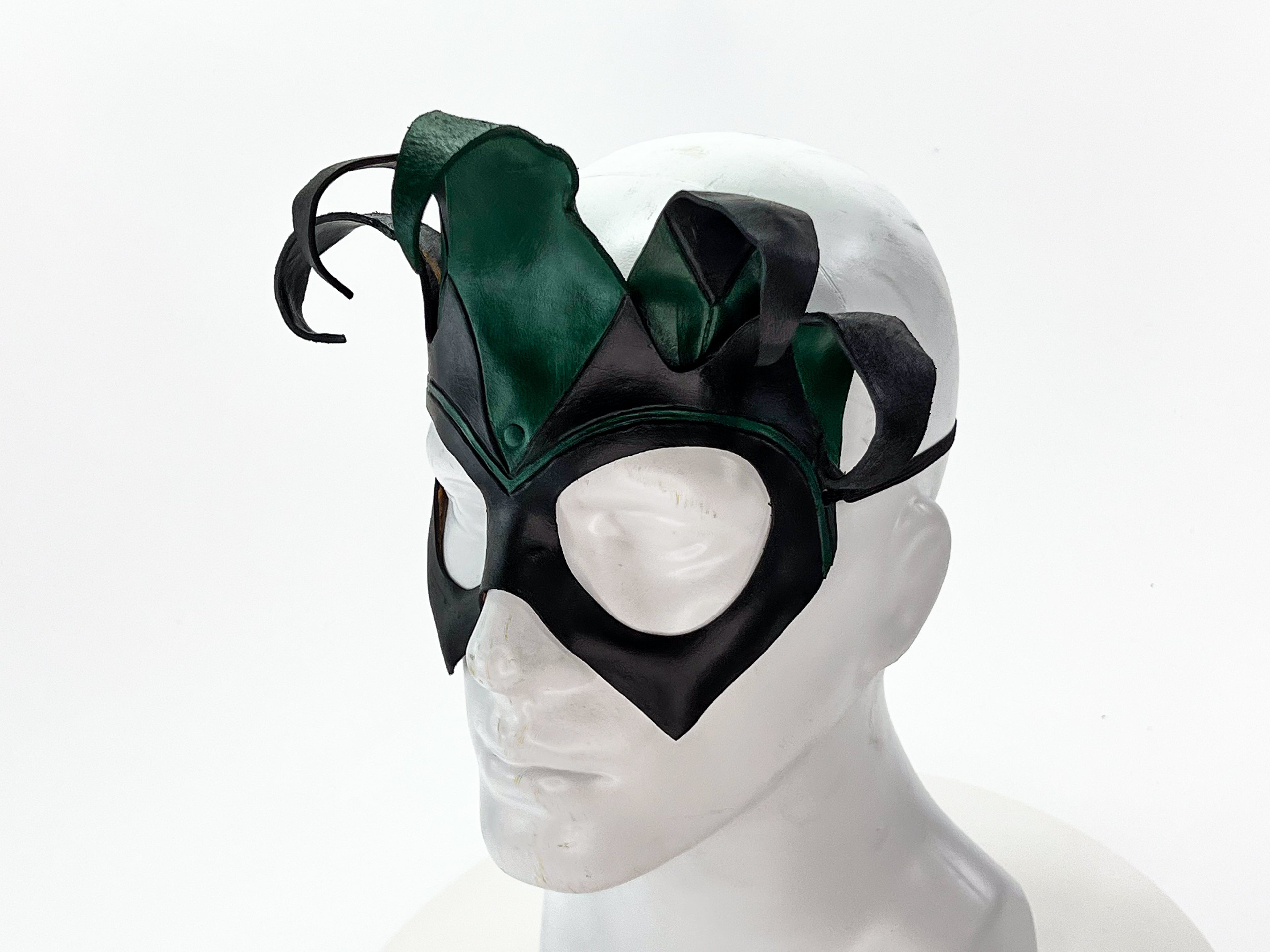 Handmade Genuine Leather Five Point Jester Mask in Green and Black No Bells by Rockwell Masks