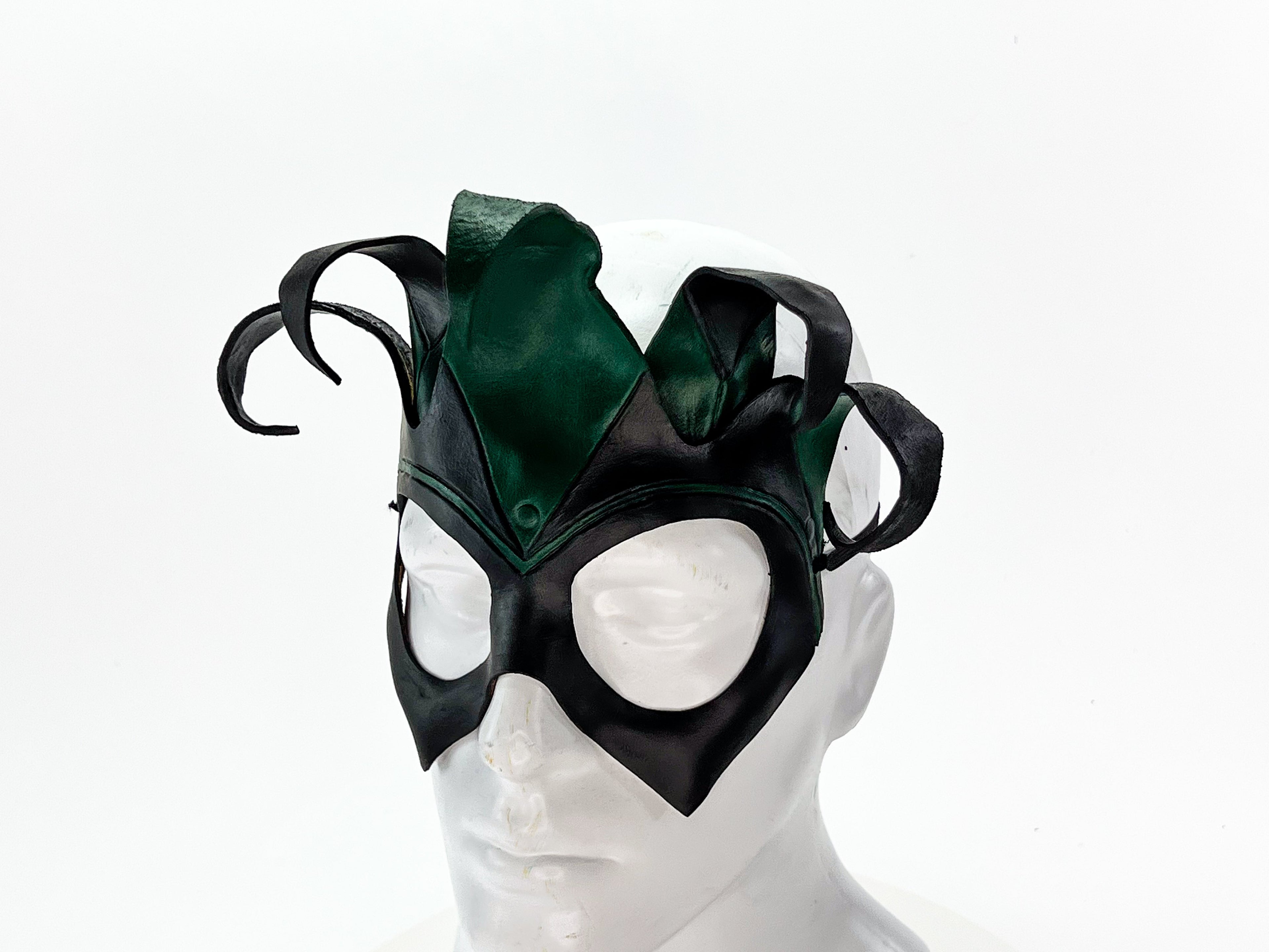 Handmade Genuine Leather Five Point Jester Mask in Green and Black No Bells by Rockwell Masks