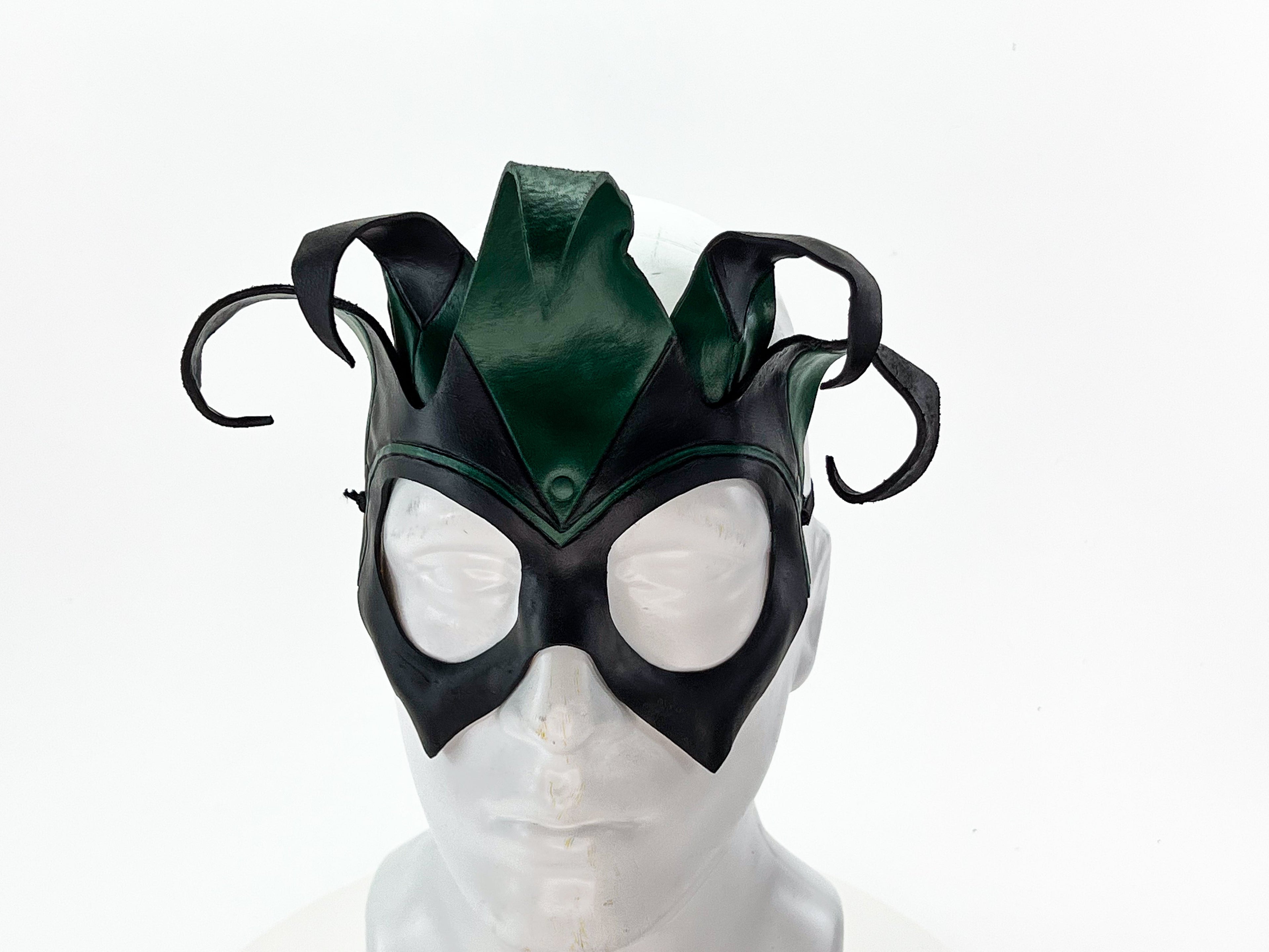 Handmade Genuine Leather Five Point Jester Mask in Green and Black No Bells by Rockwell Masks