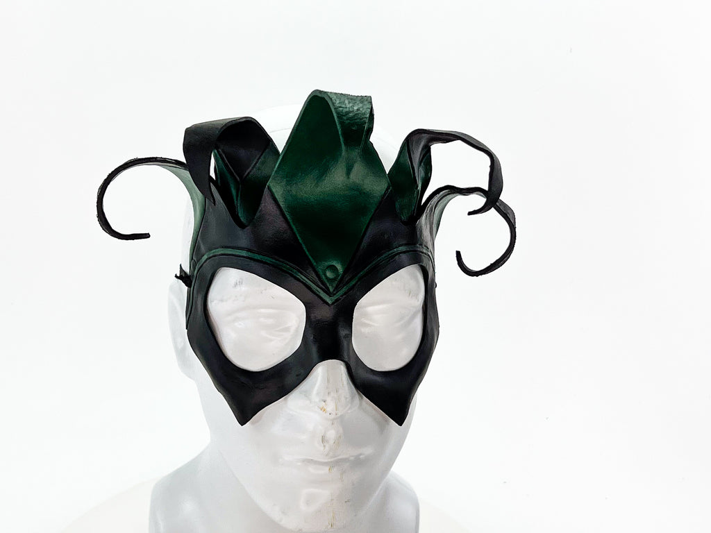 Handmade Genuine Leather Five Point Jester Mask in Green and Black No Bells by Rockwell Masks