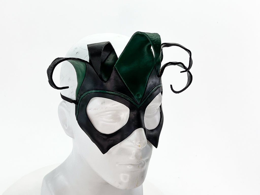 Handmade Genuine Leather Five Point Jester Mask in Green and Black No Bells by Rockwell Masks