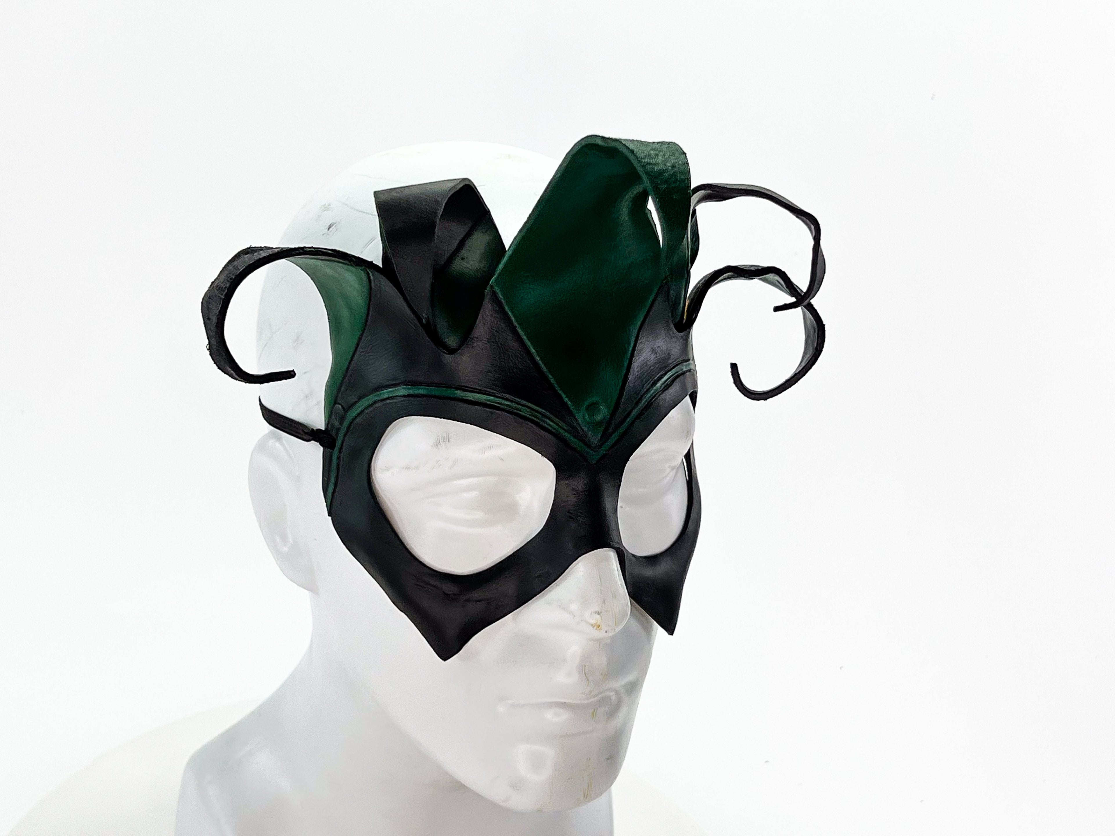 Handmade Genuine Leather Five Point Jester Mask in Green and Black No Bells by Rockwell Masks