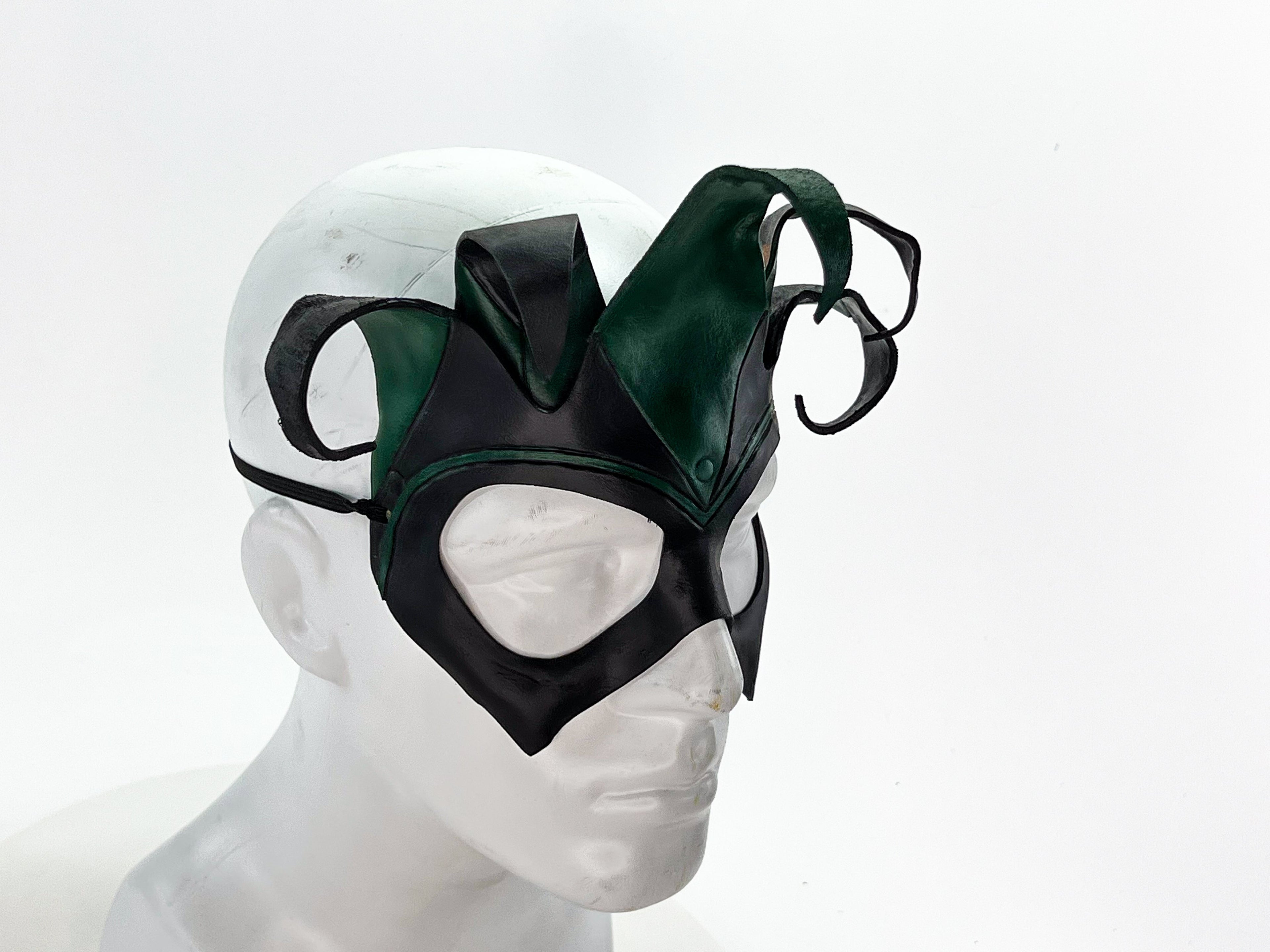 Handmade Genuine Leather Five Point Jester Mask in Green and Black No Bells by Rockwell Masks