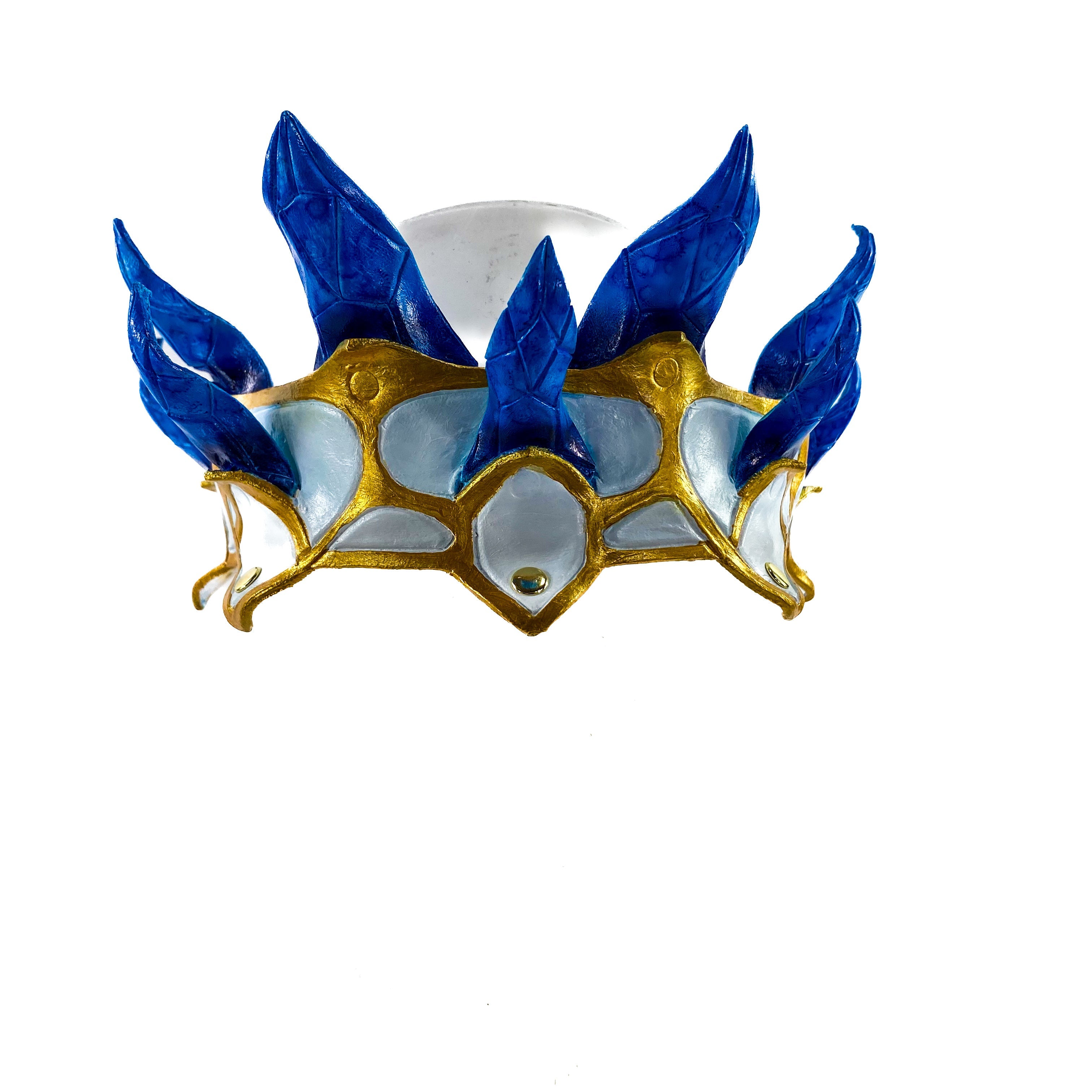 Masquerade Crown of Handmade Genuine Leather in blue gold and white by Rockwell Masks