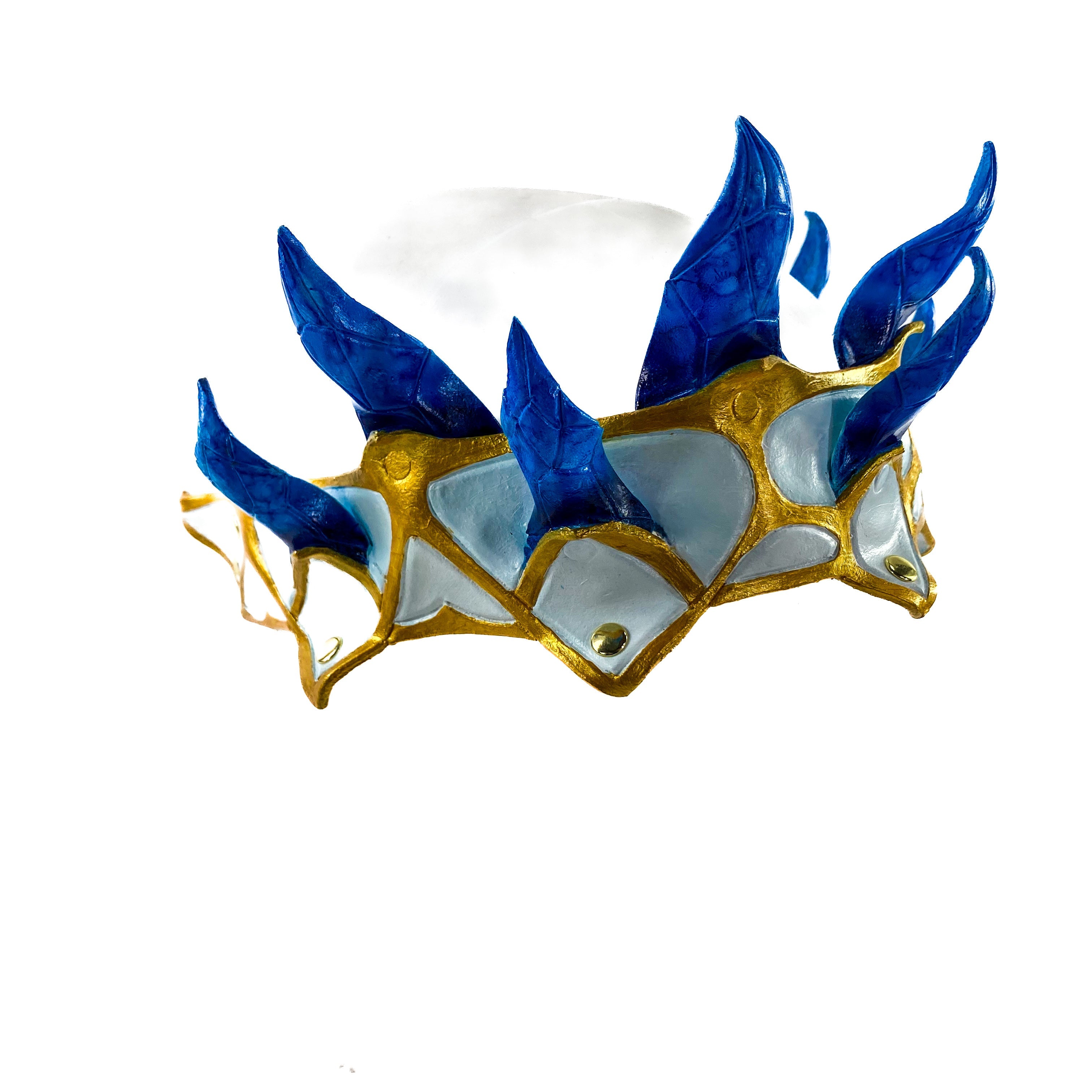 Masquerade Crown of Handmade Genuine Leather in blue gold and white by Rockwell Masks