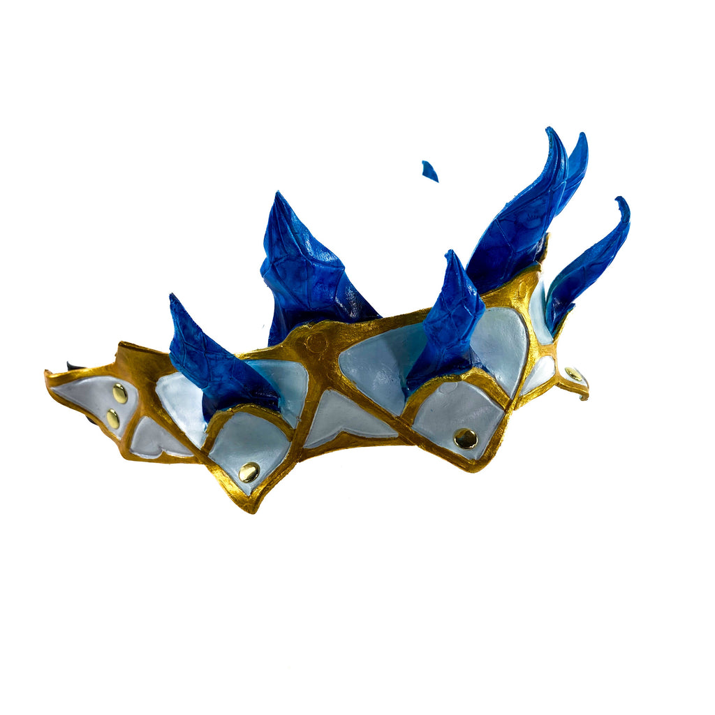 Masquerade Crown of Handmade Genuine Leather in blue gold and white by Rockwell Masks