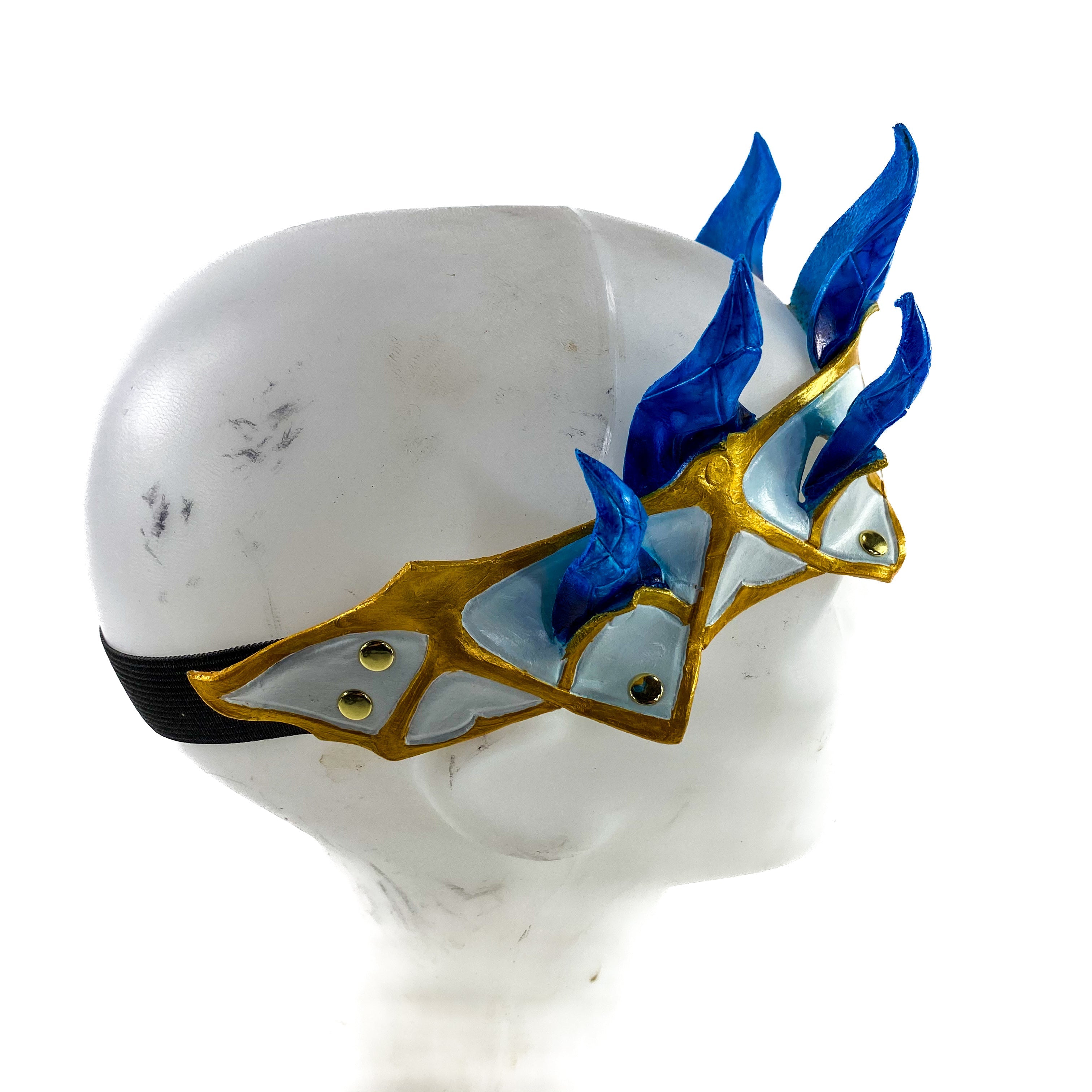 Masquerade Crown of Handmade Genuine Leather in blue gold and white by Rockwell Masks