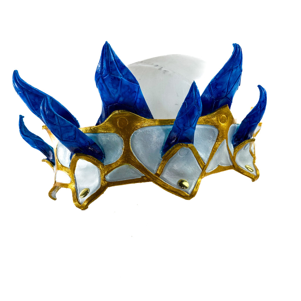 Masquerade Crown of Handmade Genuine Leather in blue gold and white by Rockwell Masks