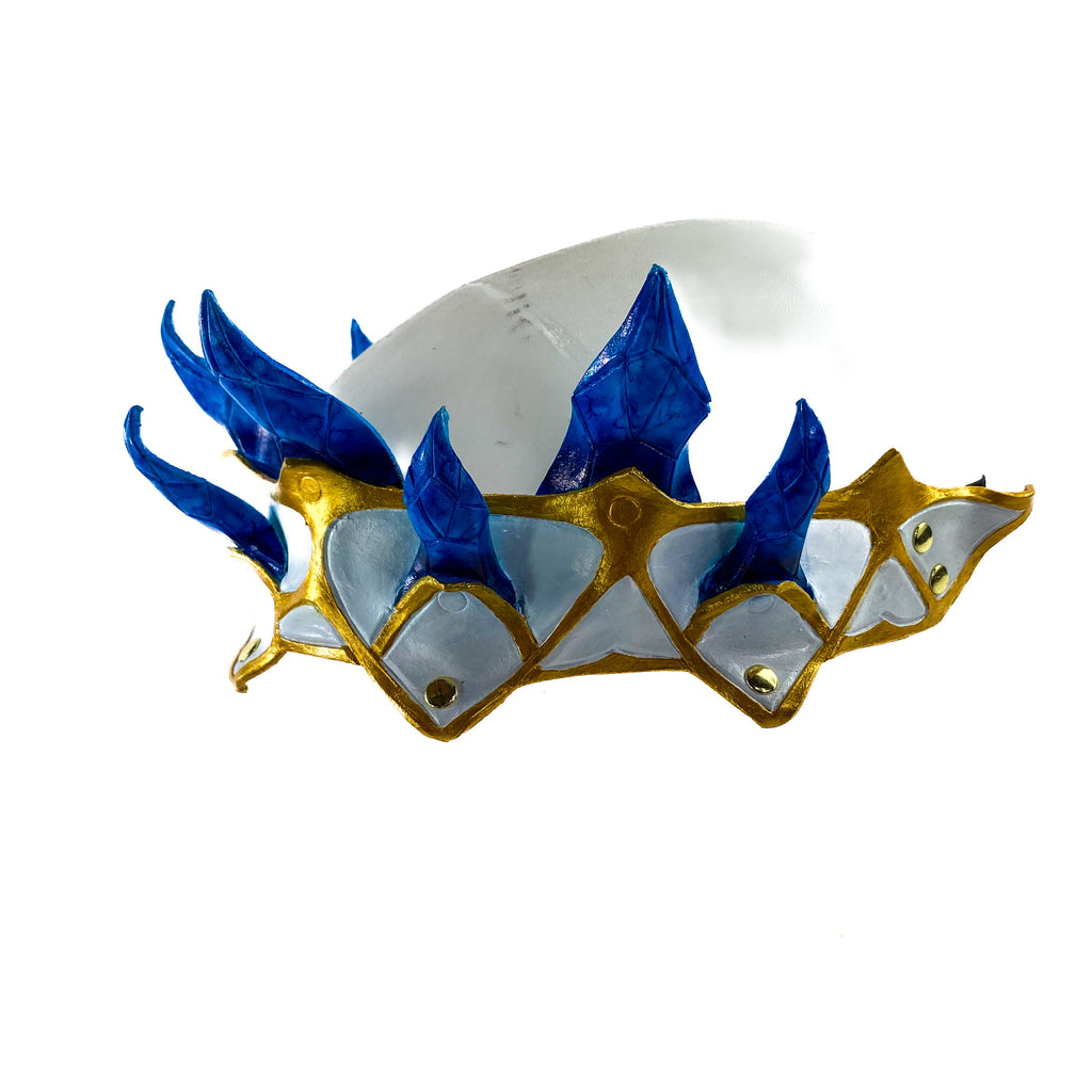 Masquerade Crown of Handmade Genuine Leather in blue gold and white by Rockwell Masks