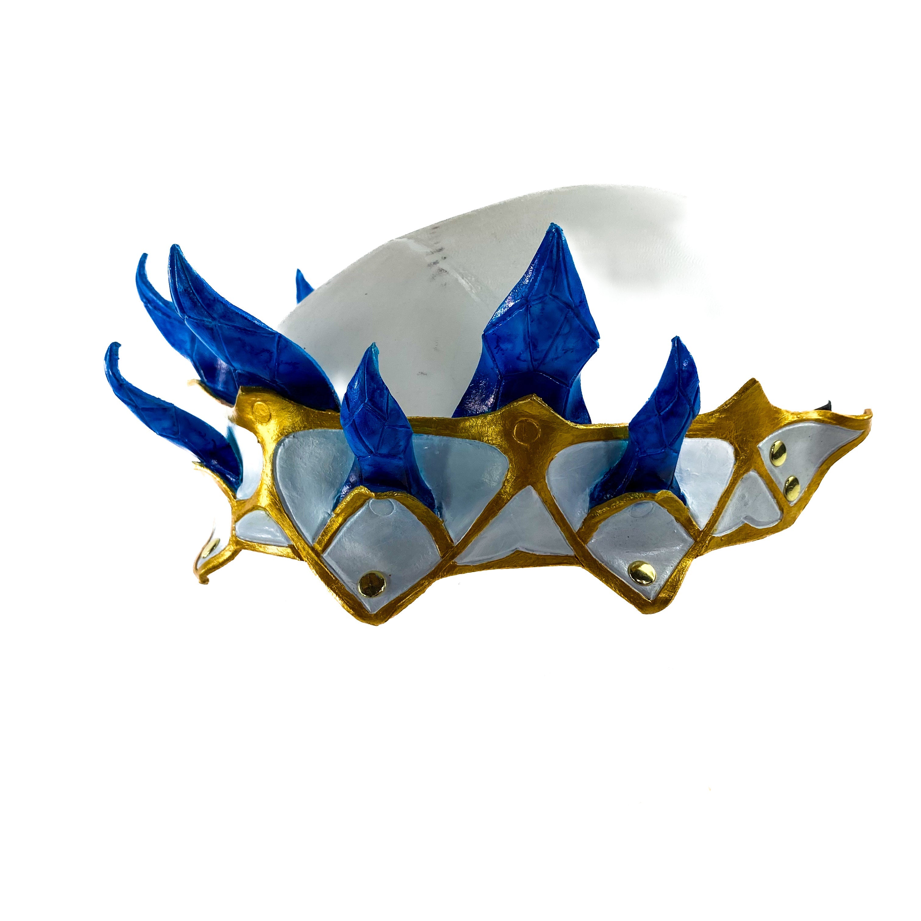 Masquerade Crown of Handmade Genuine Leather in blue gold and white by Rockwell Masks